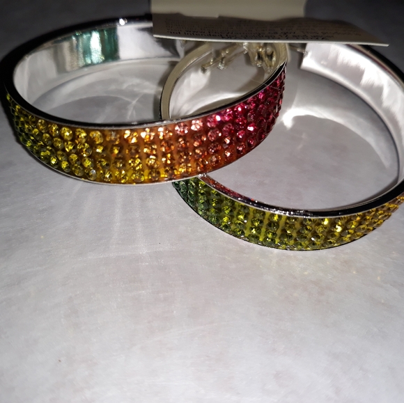 Crystal Rainbow Hoops Large Thick Lite Metal Alloy Earrings on ss posts NEW - Picture 7 of 8